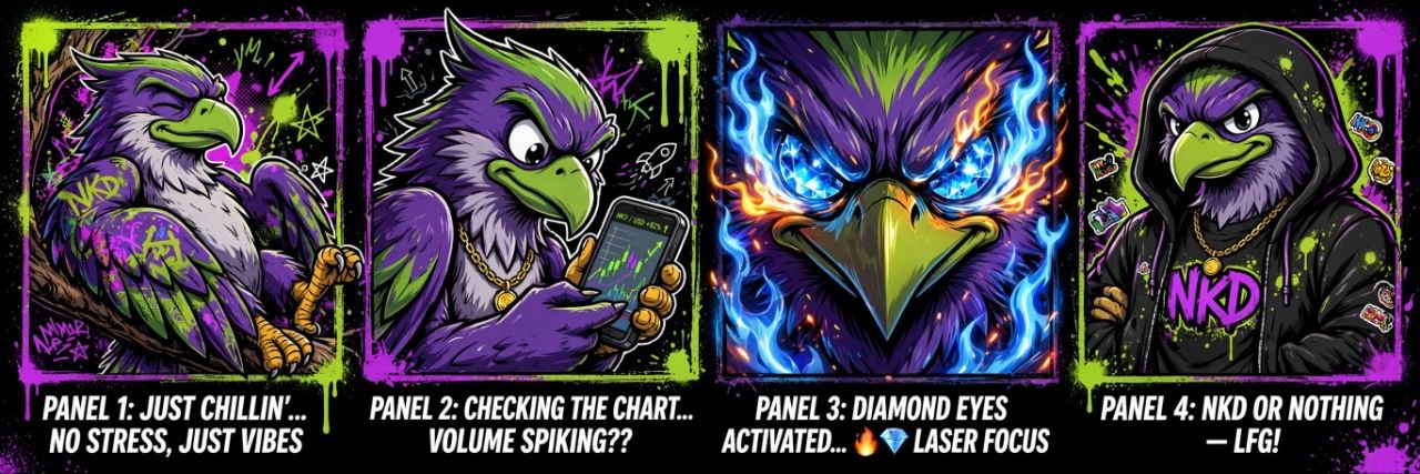 Four neon green and purple hawk meme panels: relaxed, checking a chart, diamond eyes, and NKD hoodie artwork