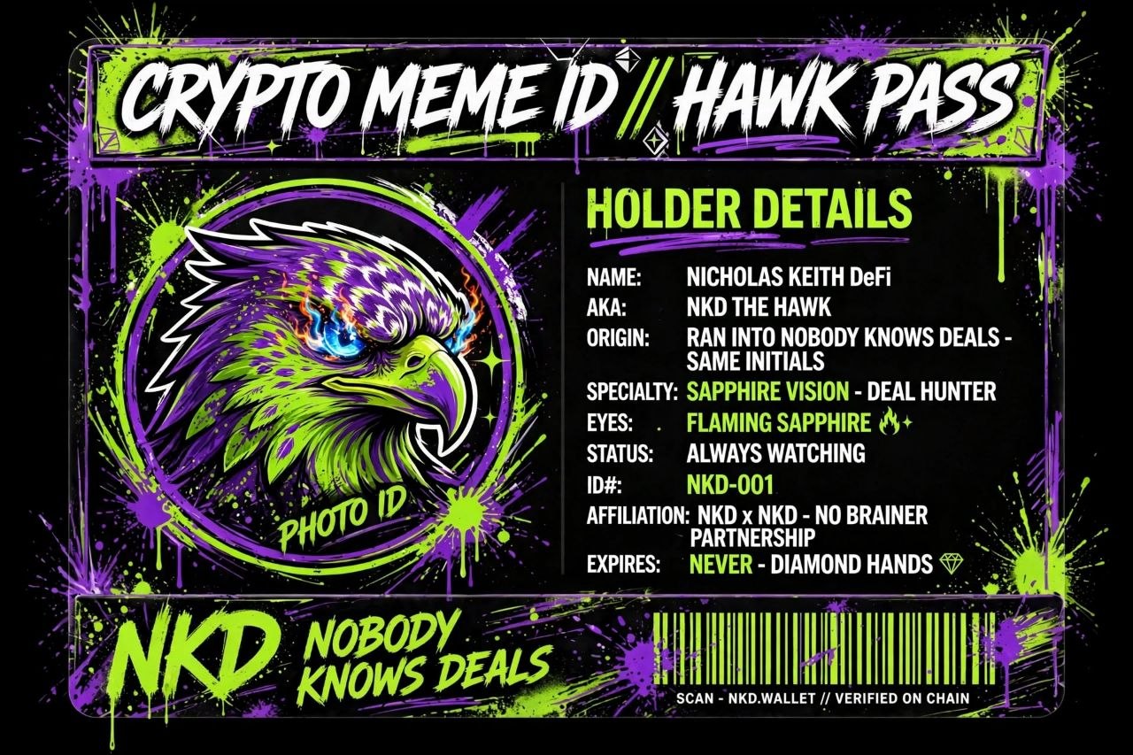 Neon green and purple Nobody Knows Deals Hawk Pass artwork featuring a watchful hawk